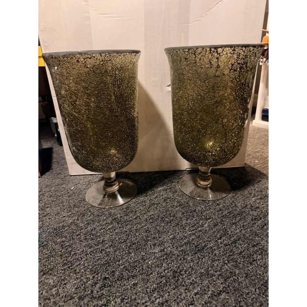 Set of 2 Gold Crackle Mercury Glass Hurricane Vases Large Goblet Pedestal Decor
